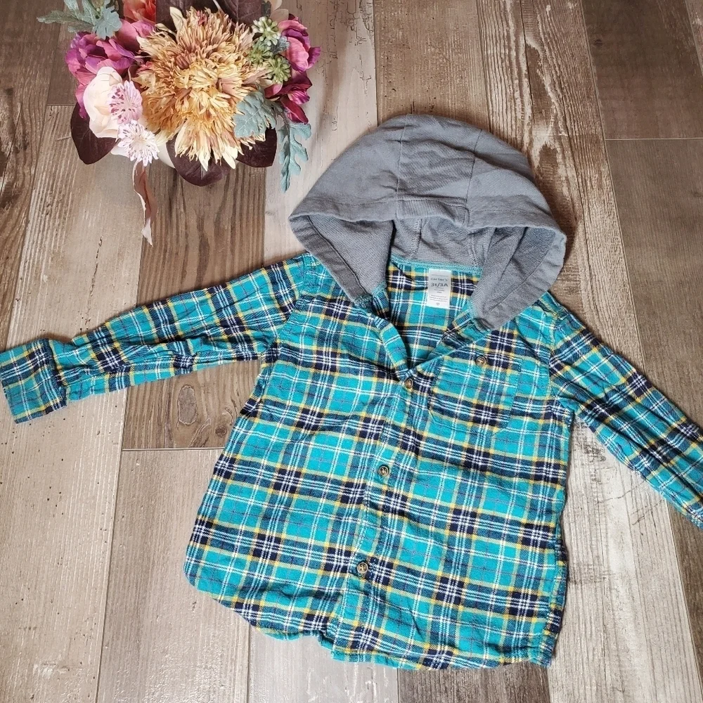 Carter's Toddler Boy Hooded Button Down Cotton Flannel Shirt Top Size 3T EUC